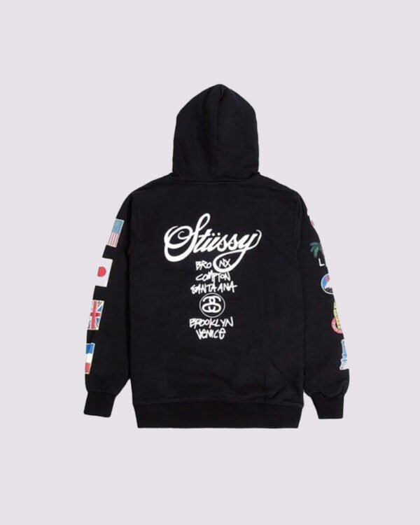 stussy world tour flags hoodie back